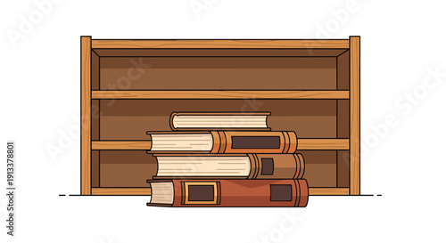A neat stack of five old books with brown covers rests on a white surface in front of a completely empty wooden bookshelf.