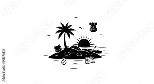 Black and White Island Scene with Palm Tree.