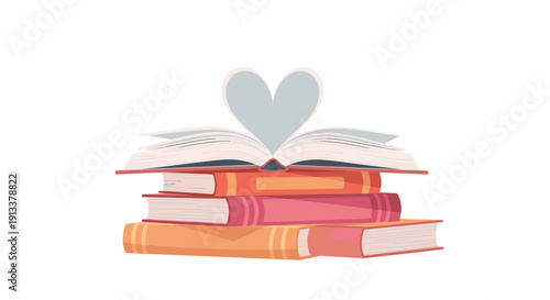 A stack of colorful books, topped by an open book with its pages arranged to form a heart shape, rests on a white surface.