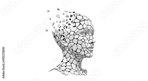 A realistic rendering of a human head shattering and crumbling into numerous small, geometric fragments on a white background.