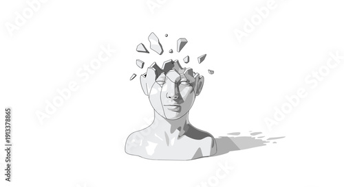 A three-dimensional rendering depicts a white human bust with the top of its head cracking open into several fragments.