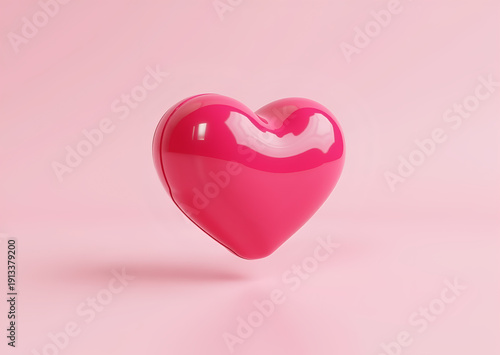 Glossy pink heart floating on a light pink background with copy space