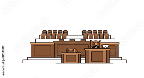 A minimalist illustration of a courtroom with a judge's bench, witness stand, and empty jury box, on a white background.