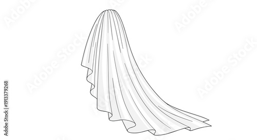 A single flowing white fabric veil, gracefully cascading and draping downwards, isolated on a white background.