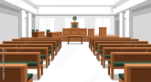 An interior view of a courtroom with rows of wooden benches, a judge's bench, and an official seal on the wall.