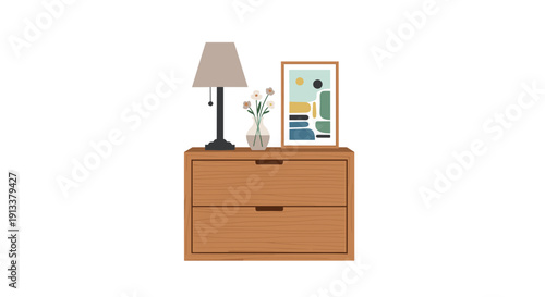Wooden bedside table with drawers, holding a classic lamp, a vase with flowers, and an abstract painting, isolated on white.