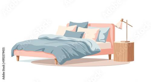 Pink bed with blue duvet, pillows, and a wooden side table with modern lamp, on a round rug, isolated on white.