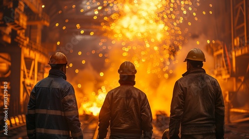 Industrial workers observing intense sparks in metallurgical plant
