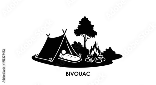 Camping Tent with Person and Campfire.