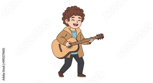 A cheerful cartoon boy with curly brown hair walks across a white background while happily strumming an acoustic guitar.