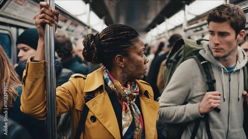 Crowded Subway Train with Woman Experiencing Public Harassment