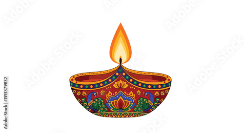 An intricately designed traditional Indian diya lamp with vibrant peacock and lotus motifs, displaying a bright flame on a white background.