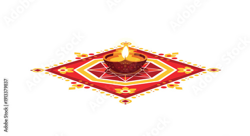 A glowing traditional diya lamp is centrally placed on an ornate red and gold geometric rangoli pattern against a white background.