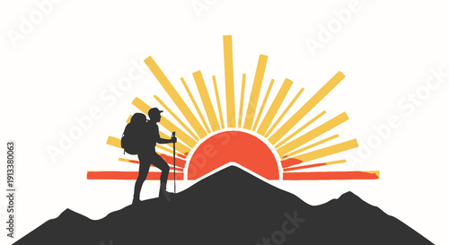 Hiker Climbs Mountain at Sunrise Silhouette.
