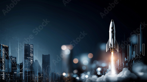 Business growth and success concept with rocket launching symbolizing innovation and achieving goals in futuristic digital landscape, entrepreneurial advancement, strategic
