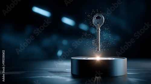 Glowing key hovering above podium during business presentation, symbolizing revelation of breakthrough idea, innovative solution, strategic insight, game-changing concept, with