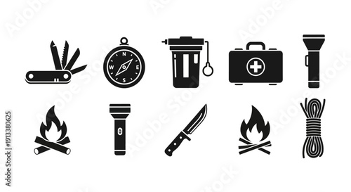 Camping Equipment Icons Set for Outdoor Adventures.