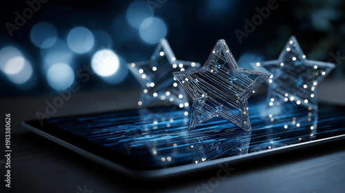 Digital package with three glowing stars representing quality delivery and customer satisfaction, e-commerce excellence, service rating, online business performance, with copy