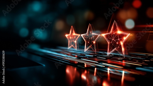 Digital package with three glowing stars representing quality delivery and customer satisfaction, e-commerce excellence, service rating, online business performance, with copy