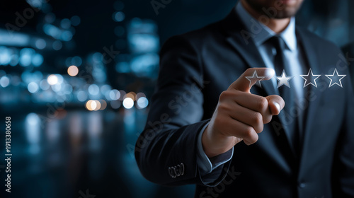 Faceless confident professional selecting optimal business solutions, ensuring top quality and customer satisfaction with five-star rating, service excellence, quality choice,