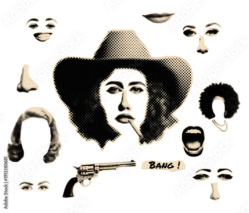 Halftone cut-out collage scrapbook sticker set.. Retro popart western girl. Exchangeble media art design elements.