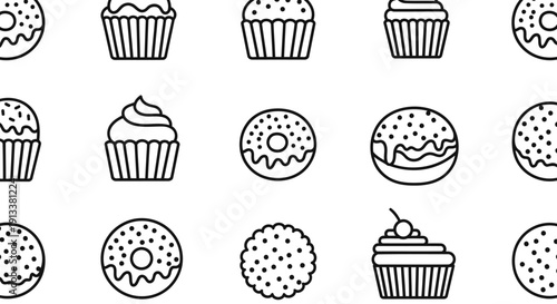 Seamless bakery sweets pattern — cupcakes donuts cookies thick black outline minimalist repeat vector on white