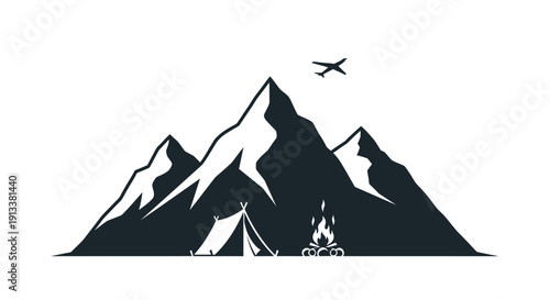 Mountain Range with Tent and Airplane.