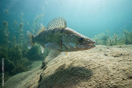 A zander or pike-perch swimming over a sandy bottom in a clear freshwater lake or river.