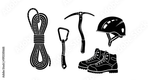 Climbing Equipment Rope Axe Helmet Boots.