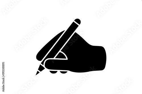 Hand writing with pen silhouette icon, monochrome black flat vector, clean minimal symbol, isolated on white background.