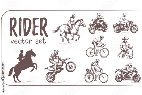 Rider Horseback-Rider Motorcycle-Rider Bike-Rider Rider-Silhouette Riding-Action Rider-Action Motorcycle-Riding Horse-Rider Bike-Riding Vector Set - Rider Action
