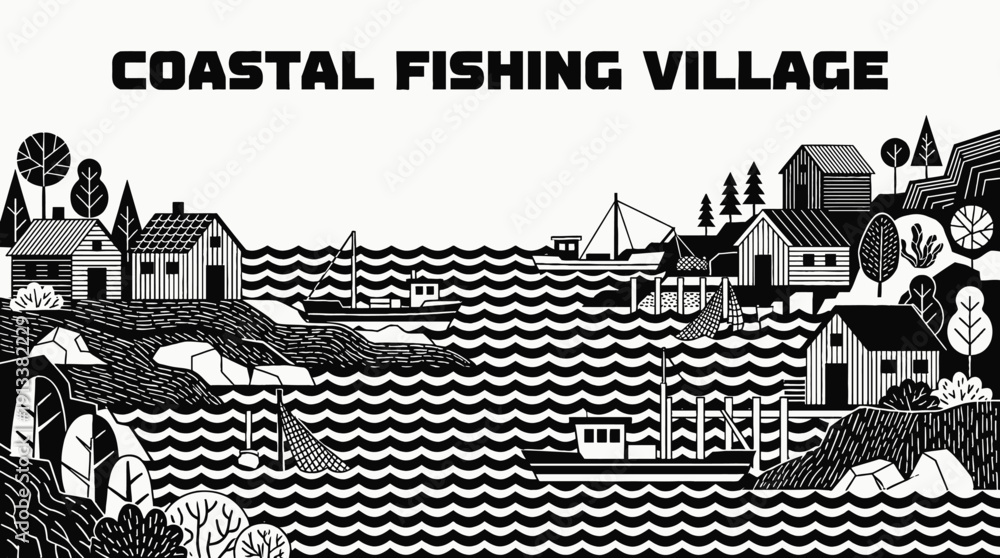 Naklejka premium coastal fishing village rural landscape with wooden houses along shoreline countryside settlement near harbor road and ocean horizon showing community architecture culture environment