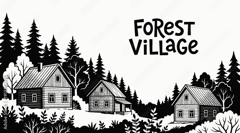 Obraz premium forest village rural landscape black and white with wooden houses surrounded by dense trees countryside settlement along narrow road near green horizon showing community architecture environment