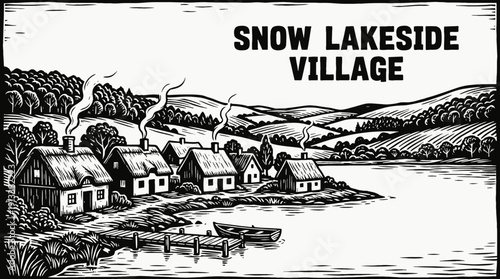 lakeside village rural landscape with small houses near calm water countryside settlement along quiet road and distant horizon showing community architecture