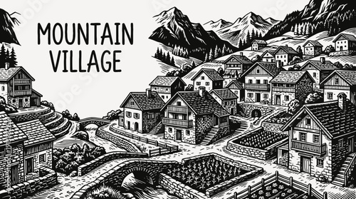 mountain village rural landscape with traditional houses across hillside countryside settlement near winding road and distant horizon showing community architecture culture environment
