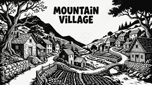 mountain village rural landscape with traditional houses across hillside countryside settlement near winding road and distant horizon showing community architecture culture environment