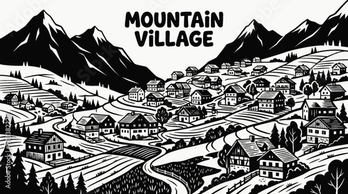 mountain village rural landscape with traditional houses across hillside countryside settlement near winding road and distant horizon showing community architecture culture environment
