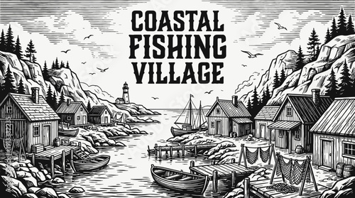 coastal fishing village rural landscape with wooden houses along shoreline countryside settlement near harbor road and ocean horizon showing community architecture culture environment