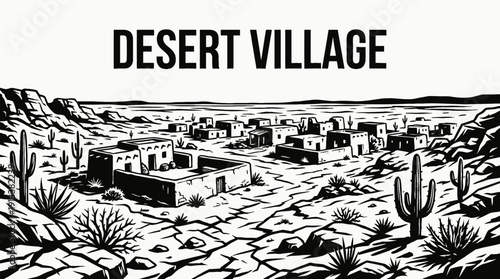 desert village rural landscape with clay houses across arid countryside settlement beside sandy road and open horizon showing traditional community architecture environment