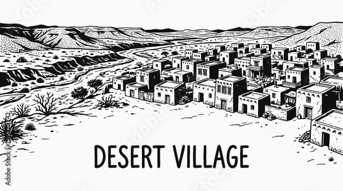 desert village rural landscape with clay houses across arid countryside settlement beside sandy road and open horizon showing traditional community architecture environment