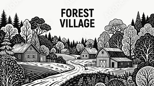 forest village rural landscape black and white with wooden houses surrounded by dense trees countryside settlement along narrow road near green horizon showing community architecture environment