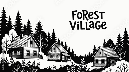 forest village rural landscape black and white with wooden houses surrounded by dense trees countryside settlement along narrow road near green horizon showing community architecture environment