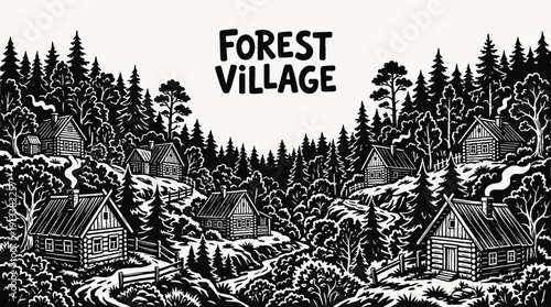 forest village rural landscape black and white with wooden houses surrounded by dense trees countryside settlement along narrow road near green horizon showing community architecture environment