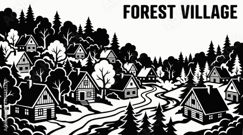forest village rural landscape black and white with wooden houses surrounded by dense trees countryside settlement along narrow road near green horizon showing community architecture environment