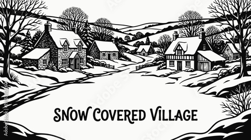 snow covered village rural landscape with traditional houses across winter countryside settlement beside frozen road and white horizon showing community architecture environment