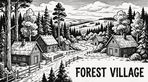 forest village rural landscape black and white with wooden houses surrounded by dense trees countryside settlement along narrow road near green horizon showing community architecture environment
