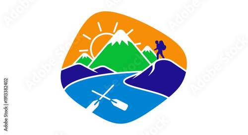 Colorful Mountain Landscape with River and Hiker.