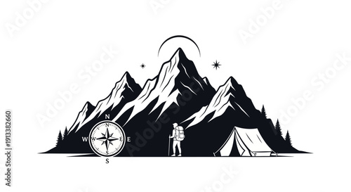 Camping Adventure with Compass and Tent Illustration.