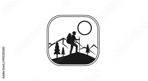 Hiker Silhouette Icon with Mountains and Trees.