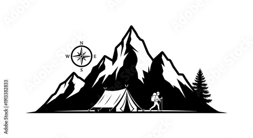Camping Illustration with Mountains and Hiker.